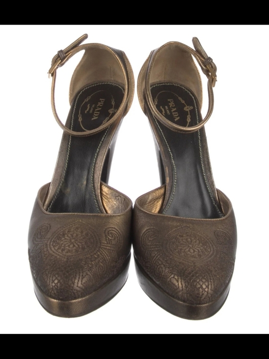 Prada Shoes - Prada Metallic Bronze Embossed Leather Ankle-Strap Pumps